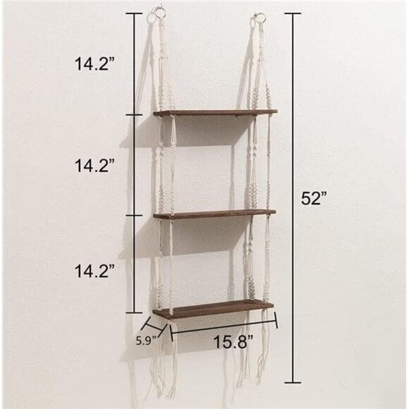 3 Tier Macrame Wall Hanging Shelves Artificial Leaves, Handmade Wooden Floating - Picture 2 of 7